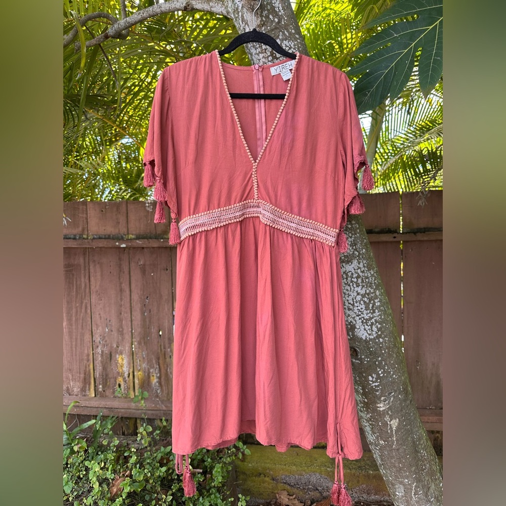 YIREH Bohemian Pink Tassle Likino Sleeve Mini Dress Size L